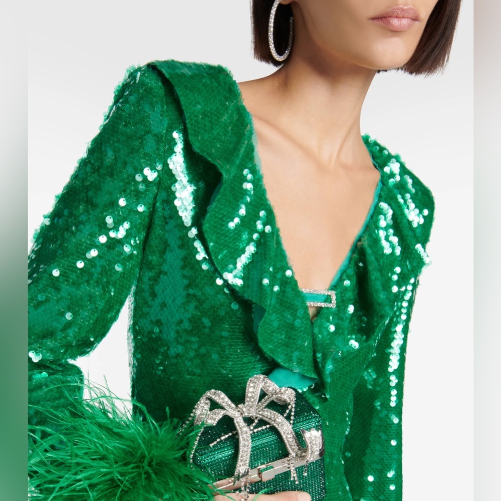 NWOT Self-Portrait Feather-Trimmed Sequined Midi Dress. Size  8 - Picture 8 of 16